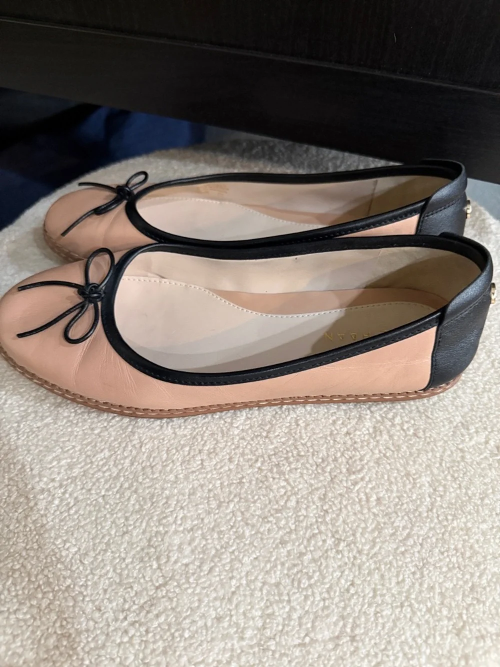 Cole Haan Pink Leather Ballet Flats with Black Trim and Bow - Picture 4 of 9